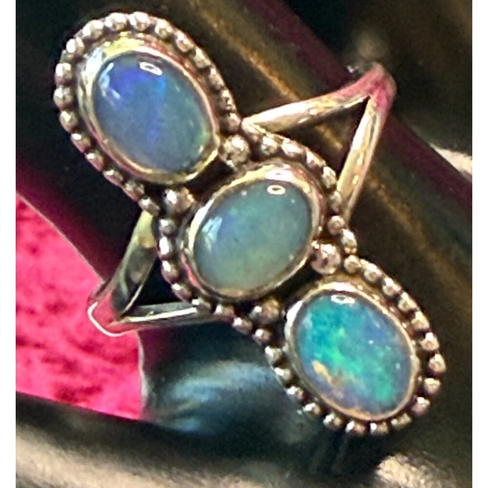 Lab Created Triple Opal Sterling Silver Size 9.25 Ring With Intricate Rope-Edge